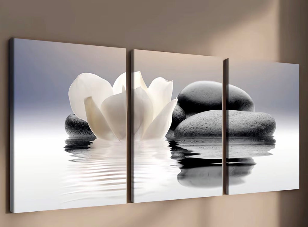 White Zen Lotus Canvas Set – 3 Pieces