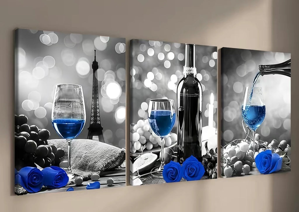 Modern Blue Wine Canvas Set – 3 Pieces