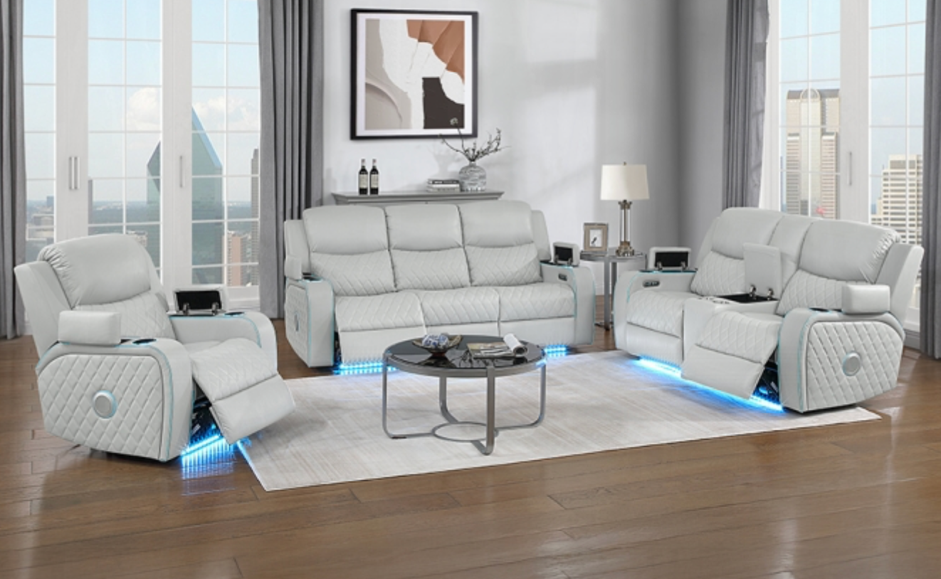 Elonzo Power Motion Loveseat w/Console, LED, Power Headrest & Speaker