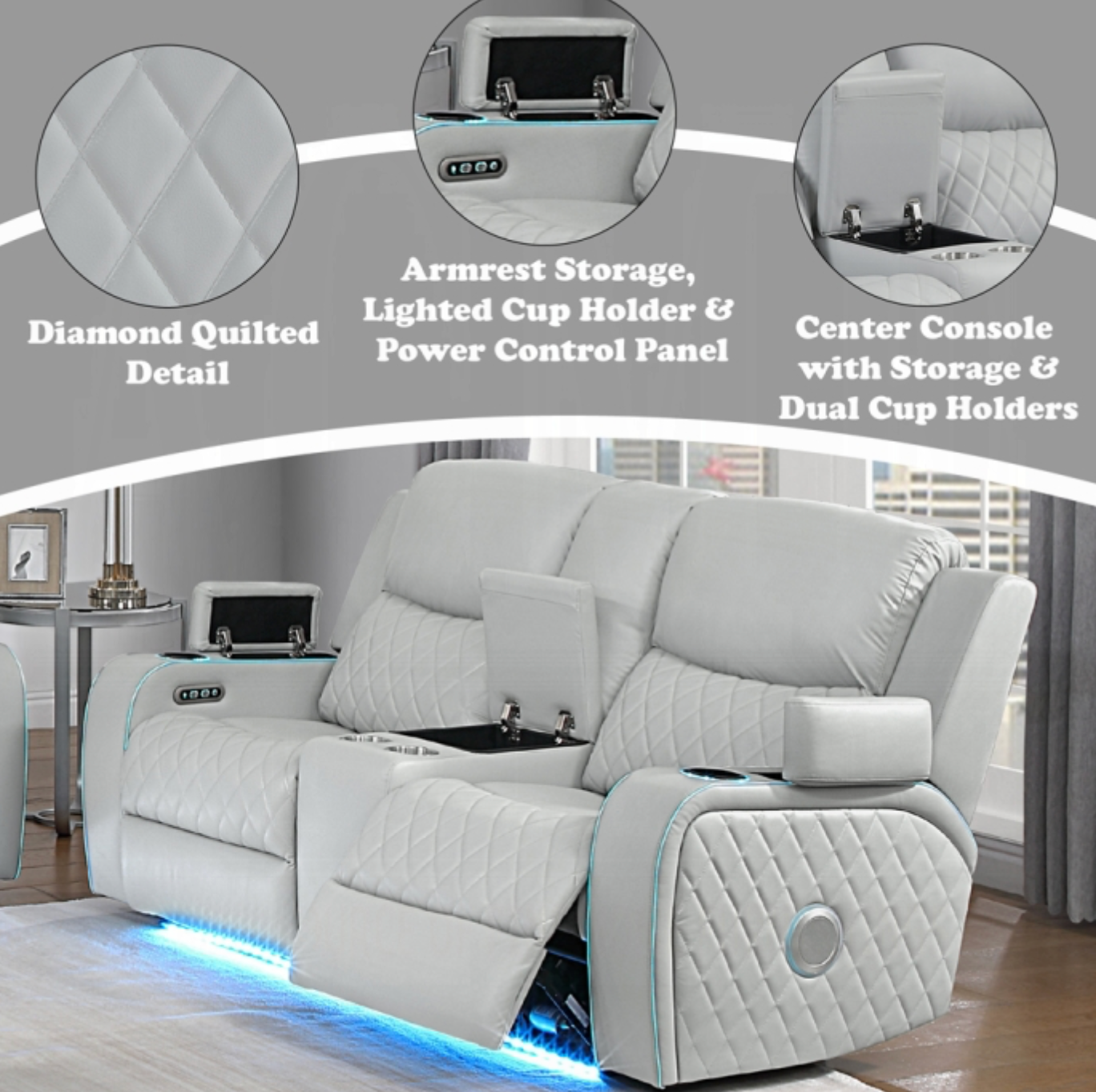 Elonzo Power Motion Loveseat w/Console, LED, Power Headrest & Speaker