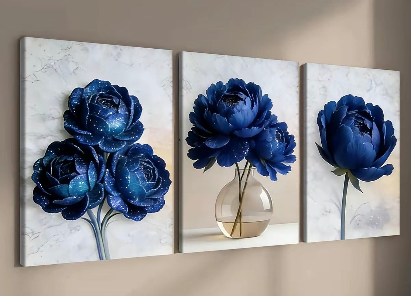 Modern Blue Flower Canvas Set (3 Pieces)